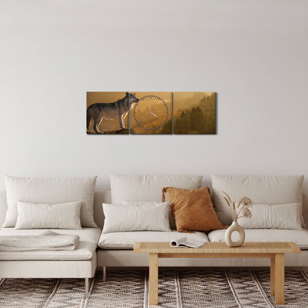 Obraz vlka na skále (s hodinami) (90x30 cm)