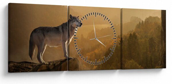 Obraz vlka na skále (s hodinami) (90x30 cm)