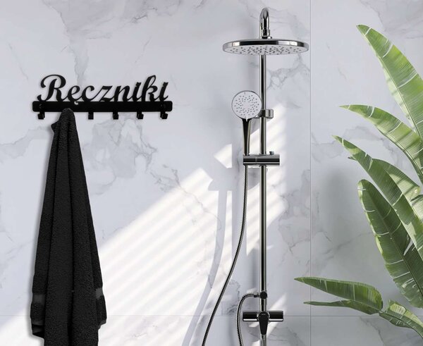 Nástěnný věšák na ručníky s nápisem, šířka 40 cm – černý
