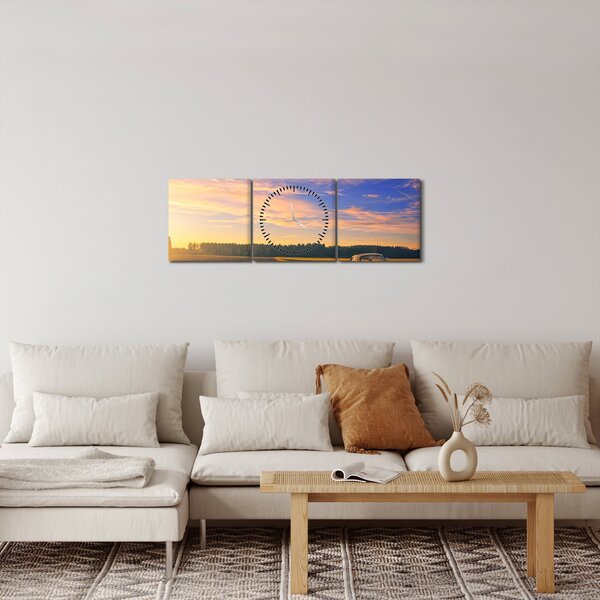 Obraz žlutého auta v poli (s hodinami) (90x30 cm)