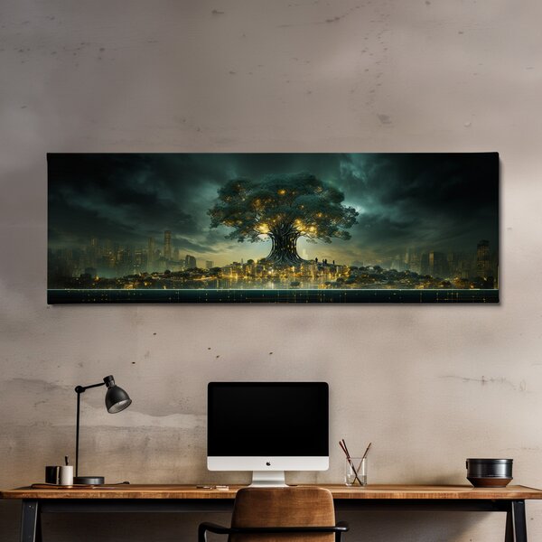 Obraz na plátně - Kybernetická symbióza Strom života a městská krajina FeelHappy.cz Velikost obrazu (šířka x výška): 60 x 20 cm