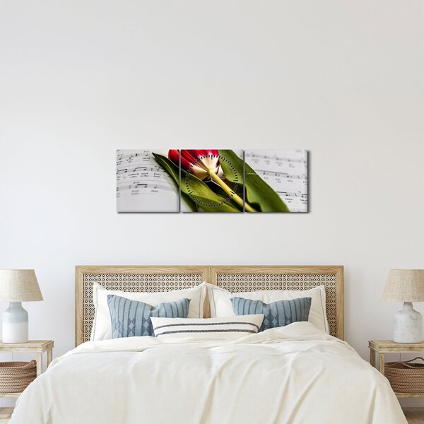 Obraz červeného tulipánu (s hodinami) (90x30 cm)