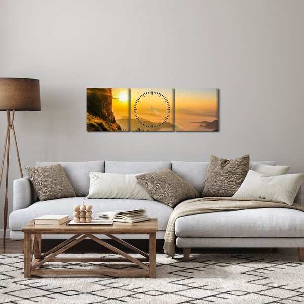 Obraz údolí v ranní mlze (s hodinami) (90x30 cm)