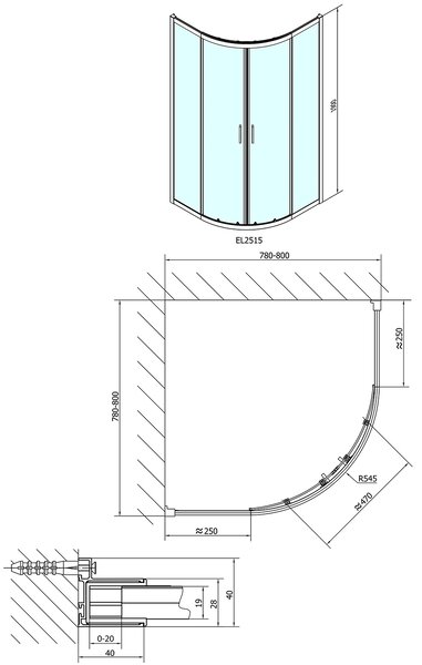 Polysan Polysan, EASY LINE čtvrtkruhová sprchová zástěna 800x800mm, L/R, čiré sklo, EL2515
