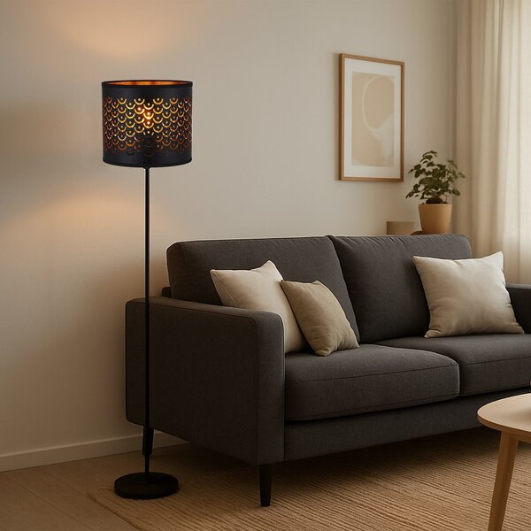 Stojací lampa Morgan, 1x plastové/černé textilní stínítko, b/g