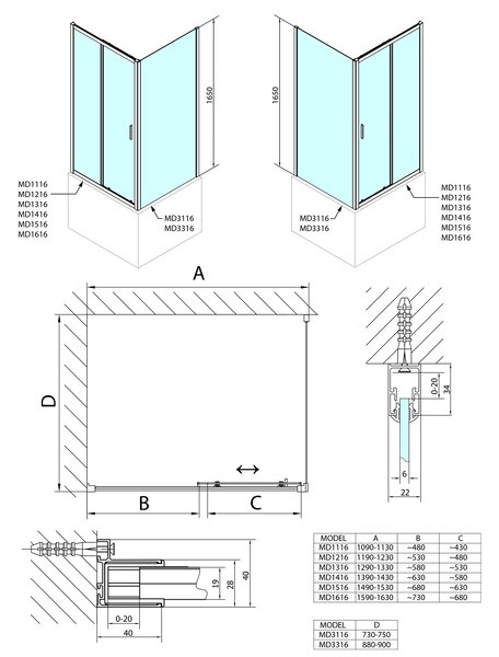 Polysan Polysan, DEEP obdélníková sprchová zástěna 1100x900mm L/P varianta, čiré sklo, MD1116MD3316