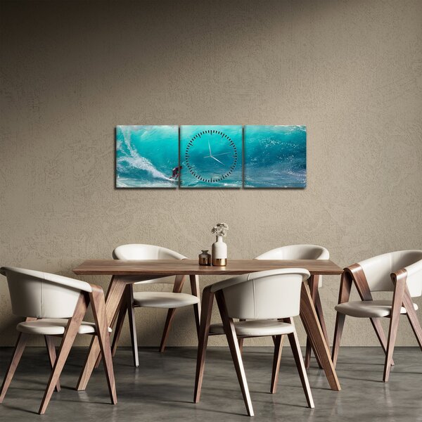 Obraz surfaře ve vlnách (s hodinami) (90x30 cm)