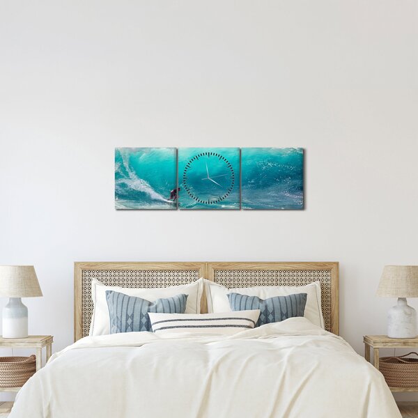 Obraz surfaře ve vlnách (s hodinami) (90x30 cm)