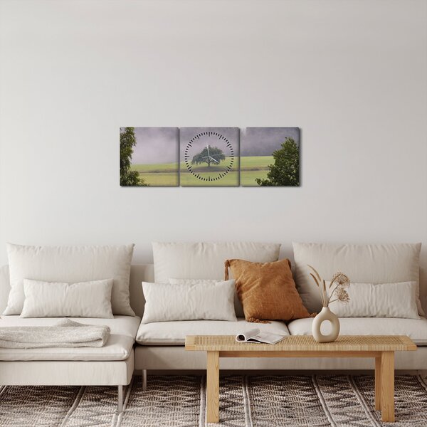Obraz louky se stromem (s hodinami) (90x30 cm)