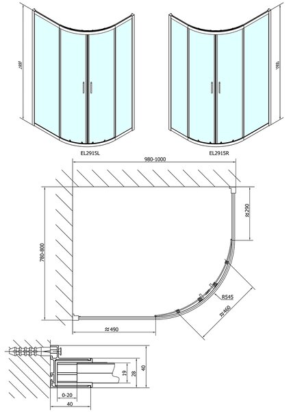 Polysan Polysan, EASY LINE čtvrtkruhová sprchová zástěna 1000x800mm, L/R, čiré sklo, EL2915