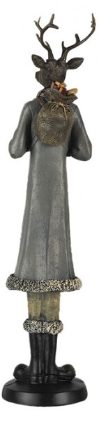 Figurka jelena na zimním výletě v šedém kabátku s kožešinou – 9x8x36 cm