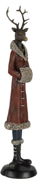 Figurka jelena na zimním výletě v červeném kabátku s kožešinou – 8x8x35 cm