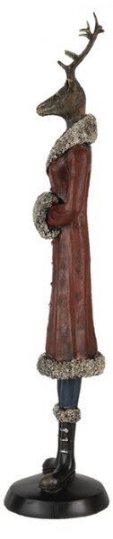 Figurka jelena na zimním výletě v červeném kabátku s kožešinou – 8x8x35 cm