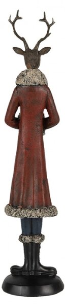 Figurka jelena na zimním výletě v červeném kabátku s kožešinou – 8x8x35 cm
