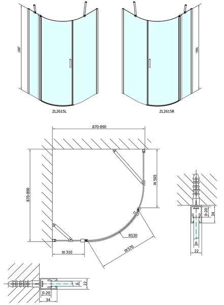 Polysan Polysan, ZOOM LINE čtvrtkruhová sprchová zástěna 900x900mm, čiré sklo, levá, ZL2615L