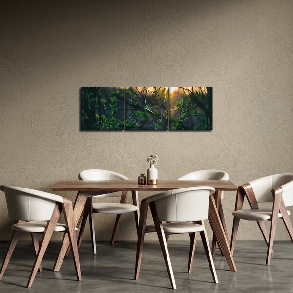 Obraz prosvítajícího slunce skrz větvičky stromů (s hodinami) (90x30 cm)