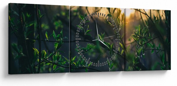 Obraz prosvítajícího slunce skrz větvičky stromů (s hodinami) (90x30 cm)