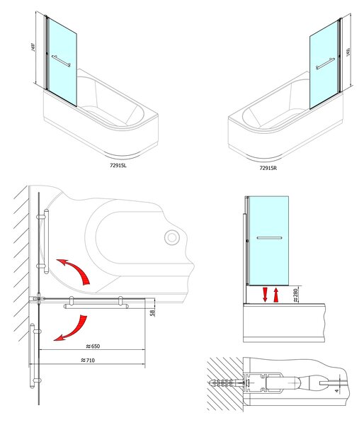 Polysan Polysan, RIONI pneumatická vanová zástěna 710 mm, stříbrný rám, čiré sklo, 72915
