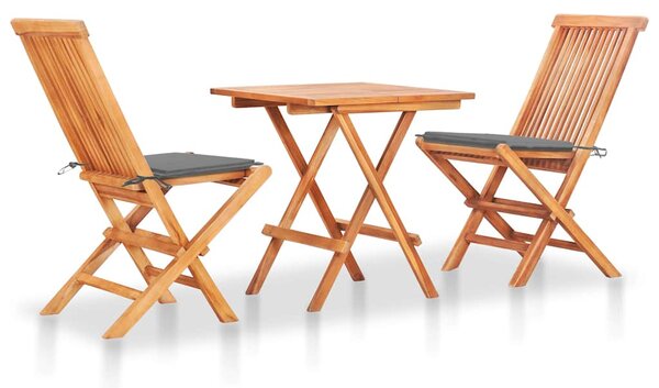 3dílný bistro set se šedými poduškami masivní teakové dřevo 3063226
