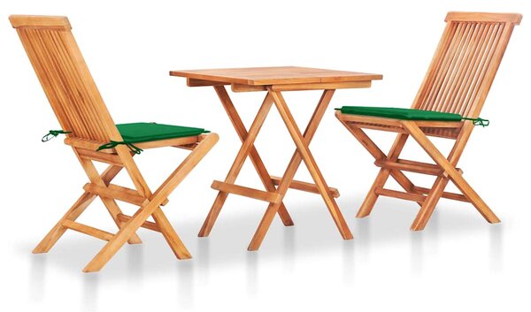 3dílný bistro set se zelenými poduškami masivní teakové dřevo 3063230
