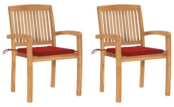 Zahradní židle 2 ks s červenými poduškami masivní teak 3063258