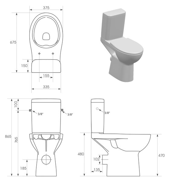 CERSANIT Sapho, ETIUDA WC kombi mísa zvýšená Rimless, zadní odpad, K11-0221