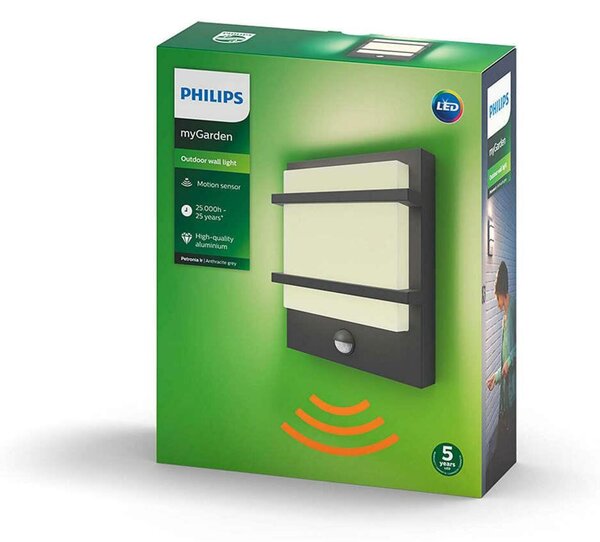 Philips LED Venkovní nástěnné svítidlo Petronia s pohybovým čidlem 17395/93/P0 antracitové 2700K