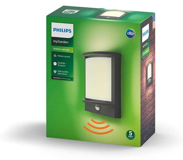 Philips LED Venkovní nástěnné svítidlo Samondra s pohybovým čidlem 17392/93/P0 antracitové 2700K