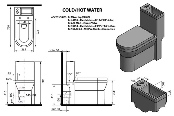 Aqualine Aqualine, HYGIE WC kombi s umyvadélkem, zadní/spodní odpad, bílá, PB104W