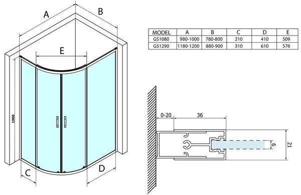 Gelco Gelco, SIGMA SIMPLY čtvrtkruhová sprchová zástěna 1000x800mm, R550, čiré sklo, GS1080