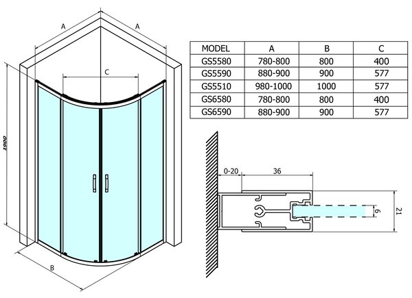 Gelco Gelco, SIGMA SIMPLY čtvrtkruhová sprchová zástěna 800x800mm, R550, čiré sklo, GS5580