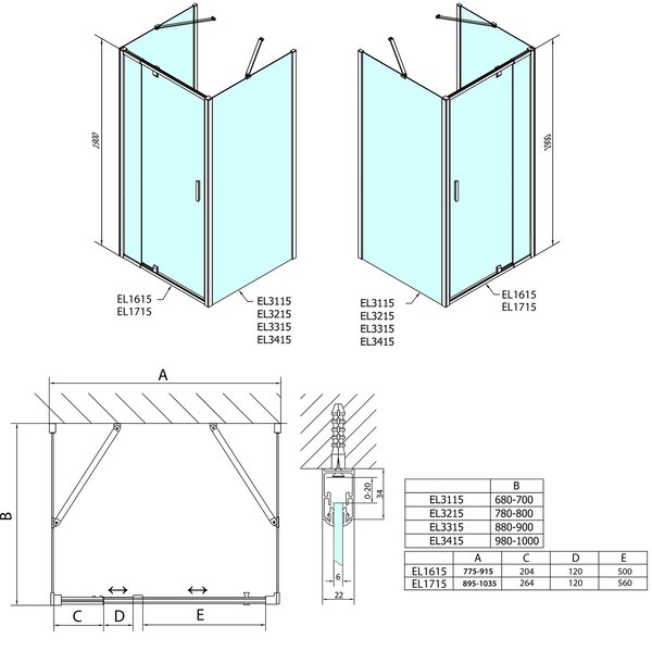 Polysan Polysan, EASY sprchový kout tři stěny 800-900x700mm, pivot dveře L/P varianta, čiré sklo, EL1615EL3115EL3115