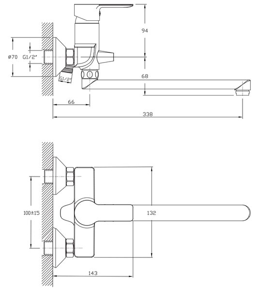 Bruckner Bruckner, BARON nástěnná umyvadlová/vanová baterie, rozteč 100mm, hubice 338mm, chrom, 612.035.1