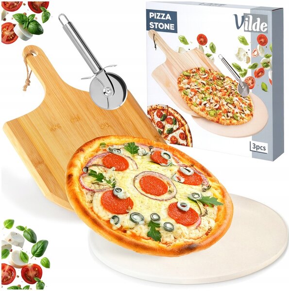 Kámen na pečení šamotový Vilde s lopatou a nožem na pizzu