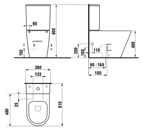 Sapho Sapho, PACO RIMLESS WC kombi, spodní/zadní odpad, černá, PC1012WRB