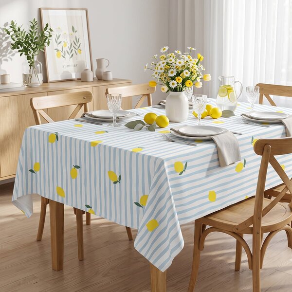 Goldea hranatý ubrus 100% bavlněné plátno - svěží citrony s proužky 140 x 220 cm