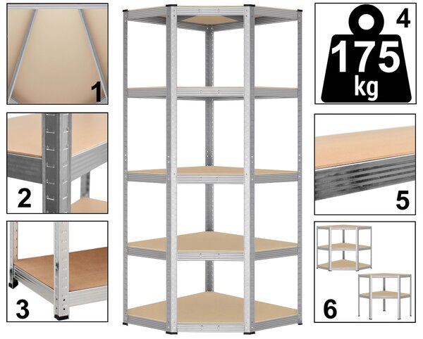 Rohový skladový regál 180 × 70 × 40 cm – 5 polic, nosnost 875 kg