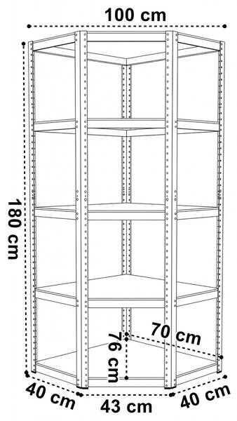Rohový skladový regál 180 × 70 × 40 cm – 5 polic, nosnost 875 kg