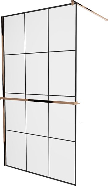 MEXEN - Kioto zástěna sprchová s poličkou a držákem na ručníky, 100 x 200 cm, transparentní/černá 8 mm růžově zlatá - 800-100-121-60-77