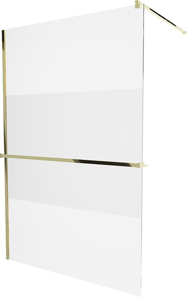 Mexen Kioto+, sprchová zástěna s poličkou a držákem na ručníky 140 x 200 cm, 8mm čiré sklo vzor námraza, zlatý profil, 800-140-121-50-35