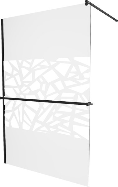 Mexen Kioto+, sprchová zástěna s poličkou a držákem na ručníky 140 x 200 cm, 8mm čiré sklo vzor bílý, černý profil, 800-130-121-70-85