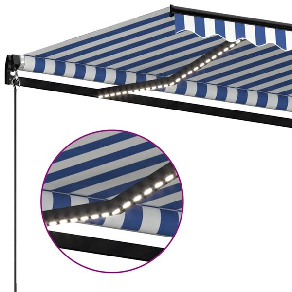 Ručně zatahovací markýza s LED světlem 450 x 300 cm modrobílá 3069121