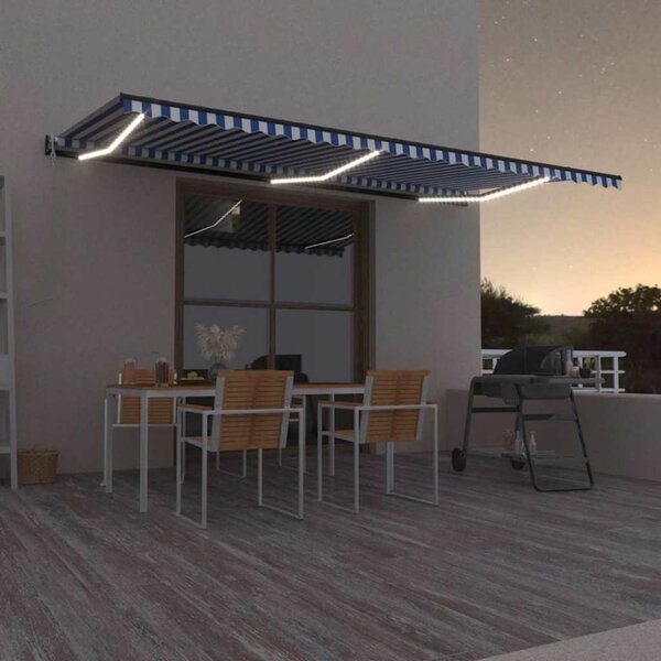 Automatická markýza LED a senzor větru 600 x 300 cm modrobílá 3069171