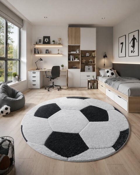 Dywany Łuszczów, Dětský kusový koberec Bambino 2139 Football, 80x80 (průměr) kruh, černobílá, dětský pokoj