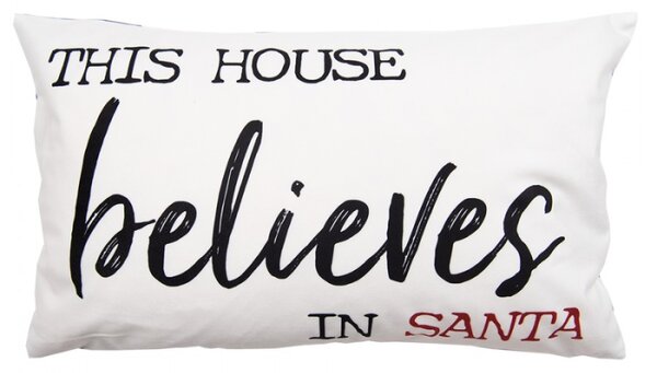 Černo-bílý vánoční povlak na polštář s nápisem This House believes in Santa – 30x50 cm