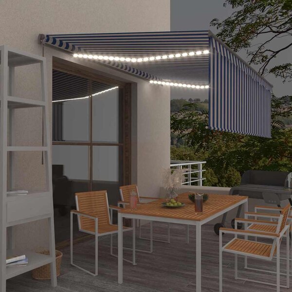 Ručně zatahovací markýza s roletou a LED 4 x 3 m modrobílá 3069421