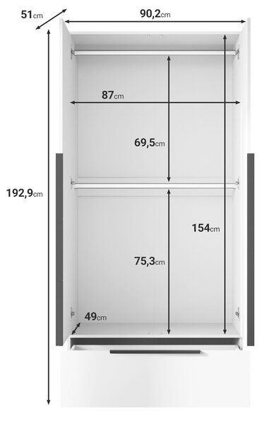 ŠATNÍ SKŘÍŇ, bílá, 90,2/192,9/51 cm P & B - Šatní skříně, Online Only