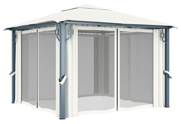 Altán se závěsy a světelnými LED řetězy 3 x 3 m krémový hliník 3070332
