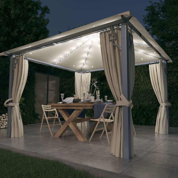 Altán se závěsy a světelnými LED řetězy 3 x 3 m krémový hliník 3070332