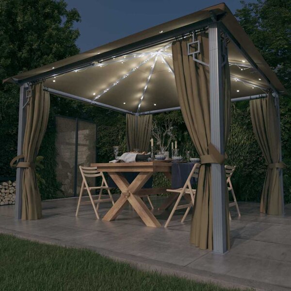Altán se závěsy a světelnými LED řetězy 3 x 3 m taupe hliník 3070334